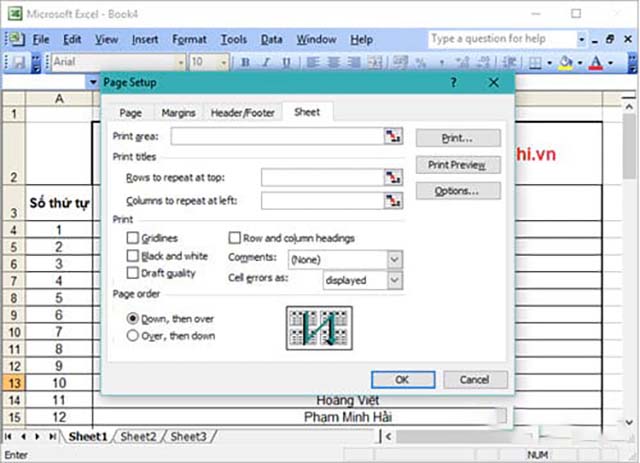 lặp tiêu đề trong excel 2003 2