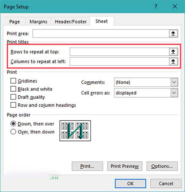 lặp tiêu đề trong excel 2016 2013 2010 2