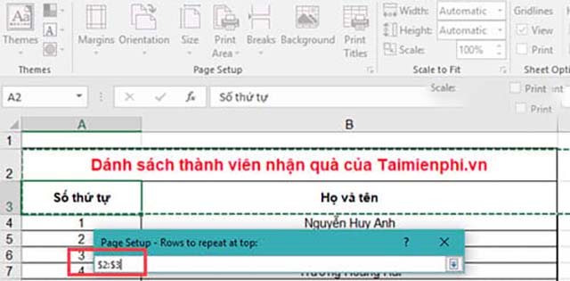 lặp tiêu đề trong excel 2016 2013 2010 3