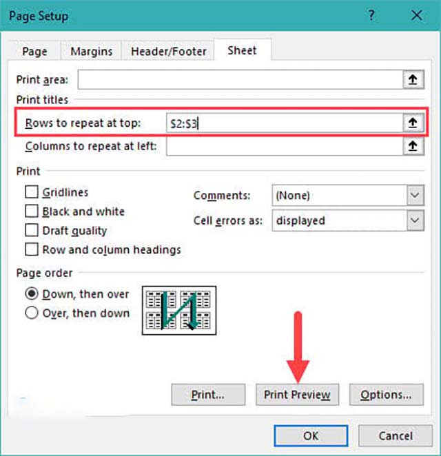 lặp tiêu đề trong excel 2016 2013 2010 4