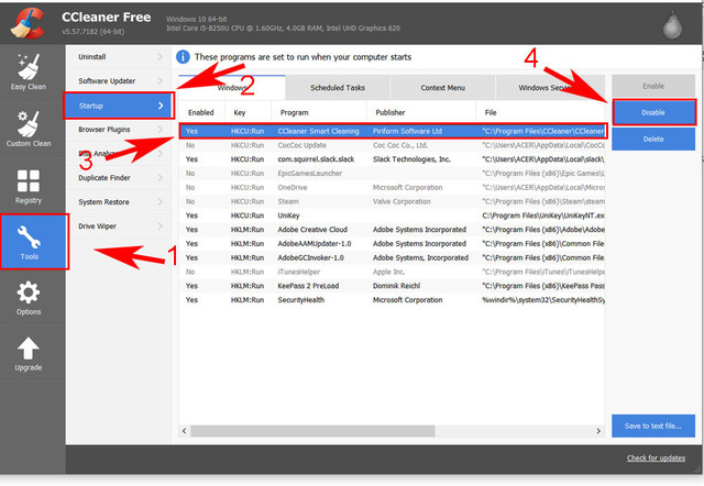 tắt chương trình khởi động bằng ccleaner