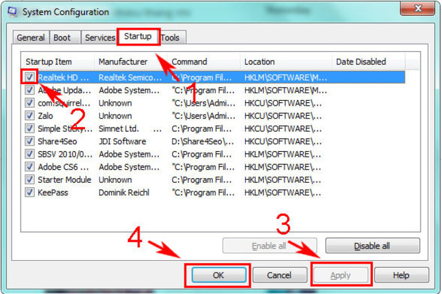 tắt chương trình khởi động cùng win 7 3