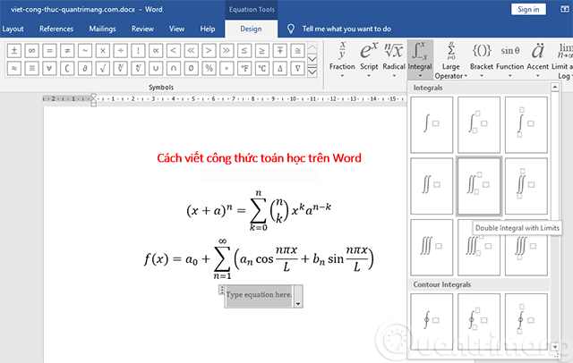 cách chèn công thức toán học trong word 2010