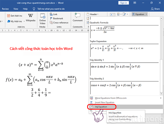 cách chèn công thức toán học trong word 2010