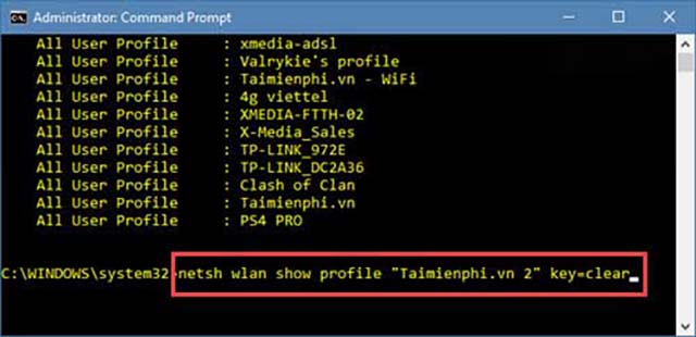 xem mật khẩu wifi bằng command prompt 3