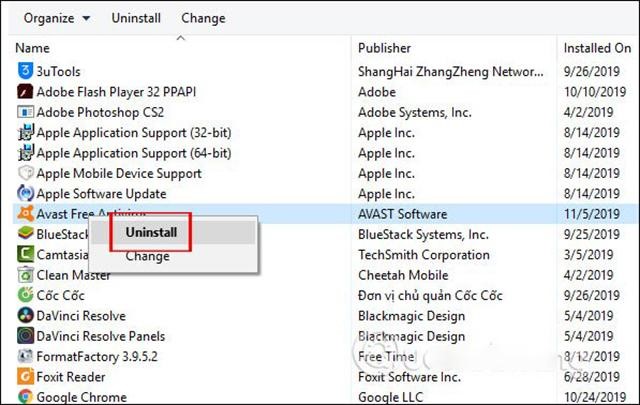 Xóa Avast Free Antivirus trong Control Panel 2
