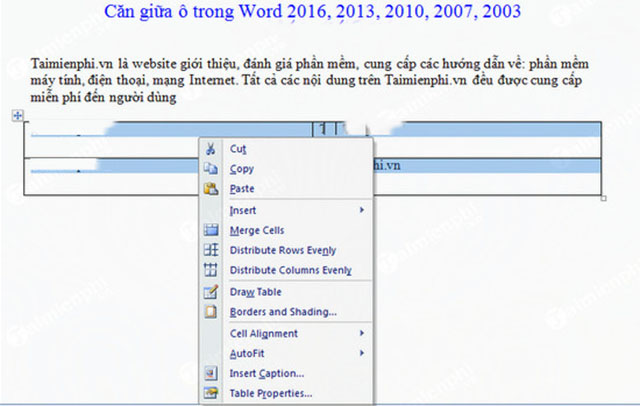 căn giữa ô trong bảng word 2007