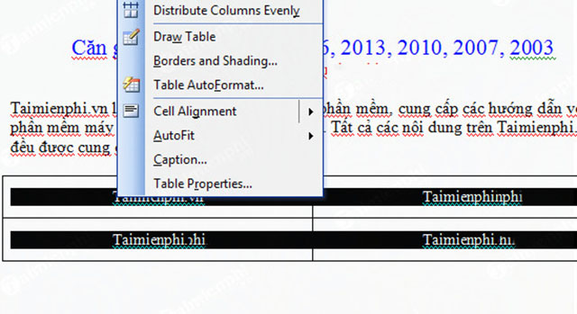 căn giữa ô trong bảng word 2013