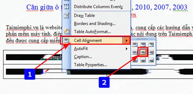 căn giữa ô trong bảng word 2013 2
