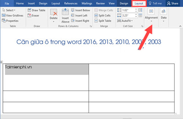 căn giữa ô trong bảng word 2016 1