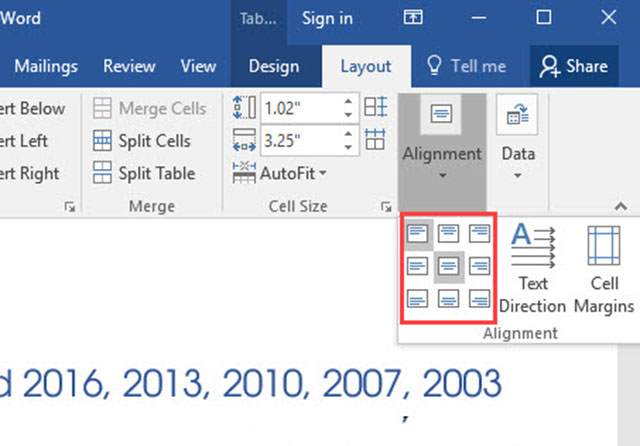 căn giữa ô trong bảng word 2016 2