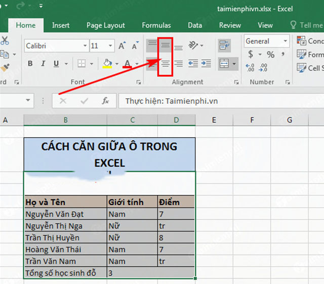 căn giữa ô trong excel 2006