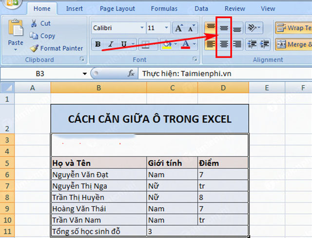 căn giữa ô trong excel 2007