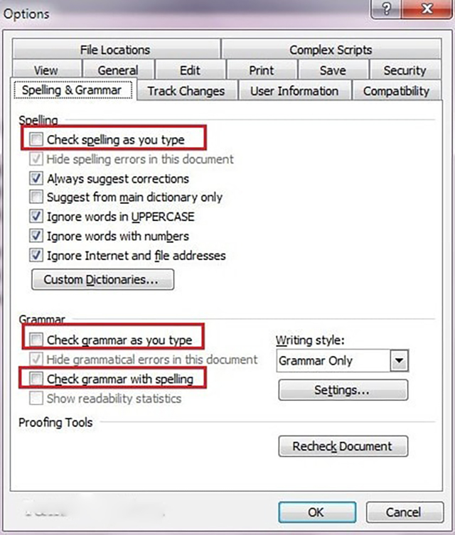 tắt kiểm tra chính tả trong word 2003 2