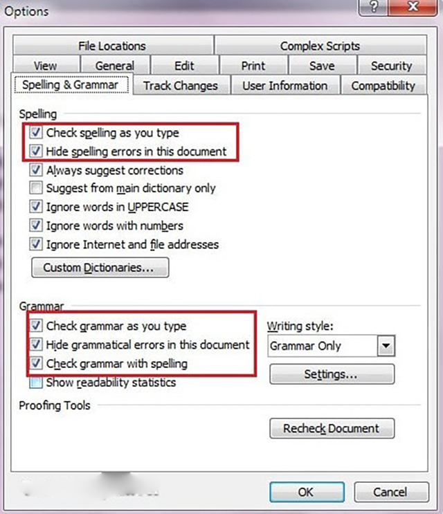 tắt kiểm tra chính tả trong word 2003 3