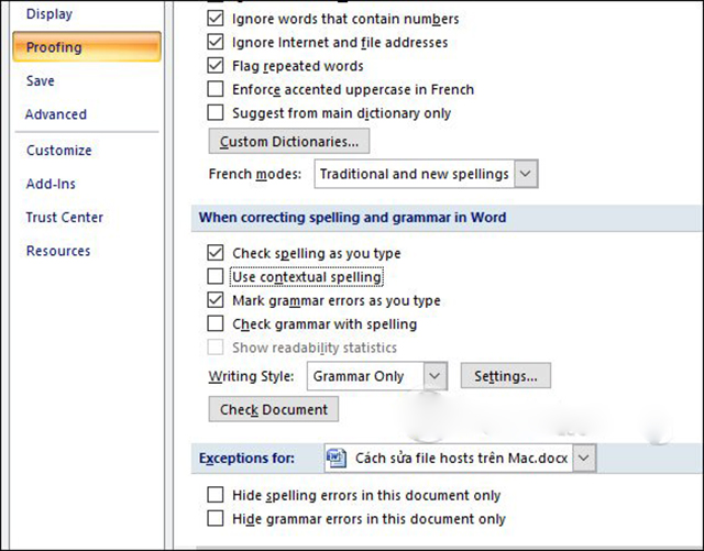 tắt kiểm tra chính tả trong word 2007 2