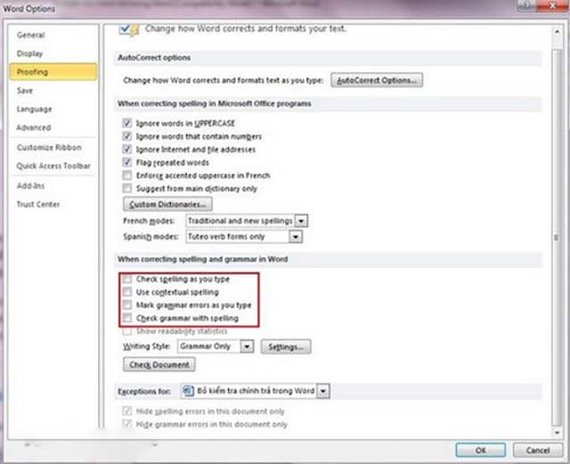 tắt kiểm tra chính tả trong word 2010 2