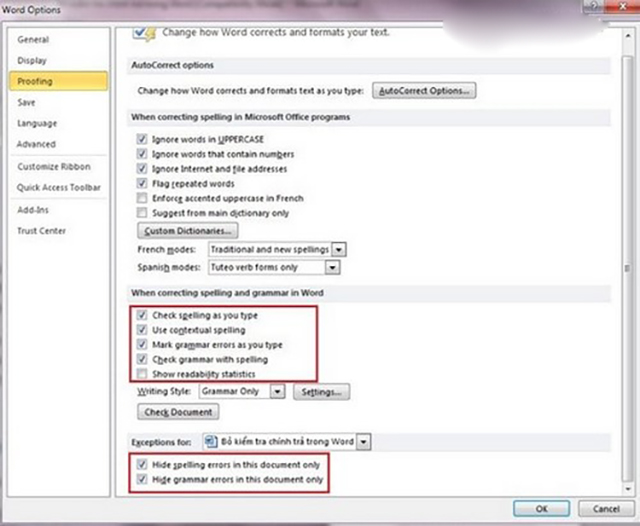 tắt kiểm tra chính tả trong word 2010 3
