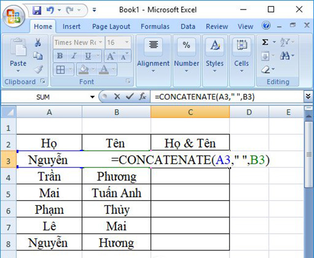 Dùng hàm nối chuỗi CONCATENATE