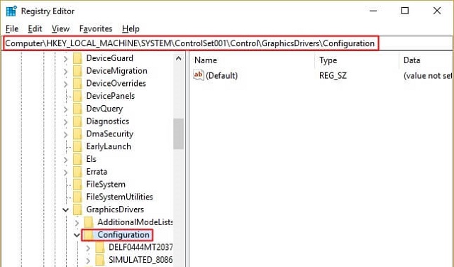 Click chọn thư mục Configuration theo hướng dẫn sau: HKEY_LOCAL_MACHINE/SYSTEM/ControlSet001/Control/GraphicsDrivers/Configuration.