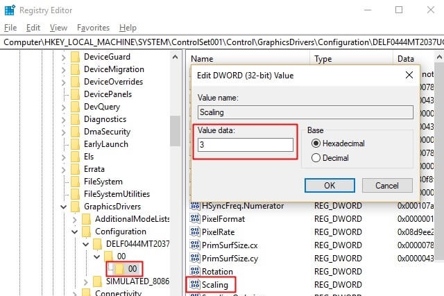 tìm tới tệp Scaling thì kích đúp để mở, chuyển đổi mục value data thành 3. Tiếp theo, ấn Ok nhằm lưu tiếp lại