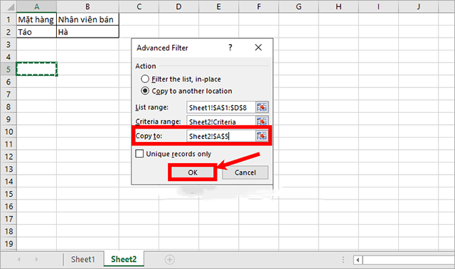 Cách lấy dữ liệu từ sheet này sang Sheet khác theo điều kiện sử dụng Advanced Filter 10