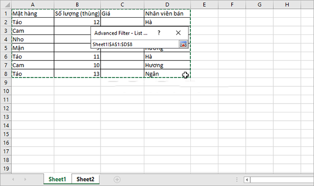Cách lấy dữ liệu từ sheet này sang Sheet khác theo điều kiện sử dụng Advanced Filter 7