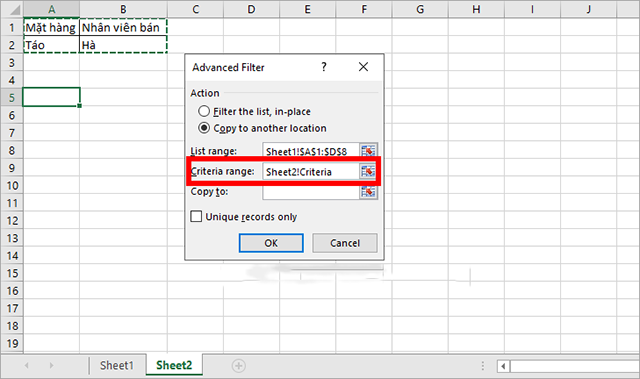 Cách lấy dữ liệu từ sheet này sang Sheet khác theo điều kiện sử dụng Advanced Filter 9