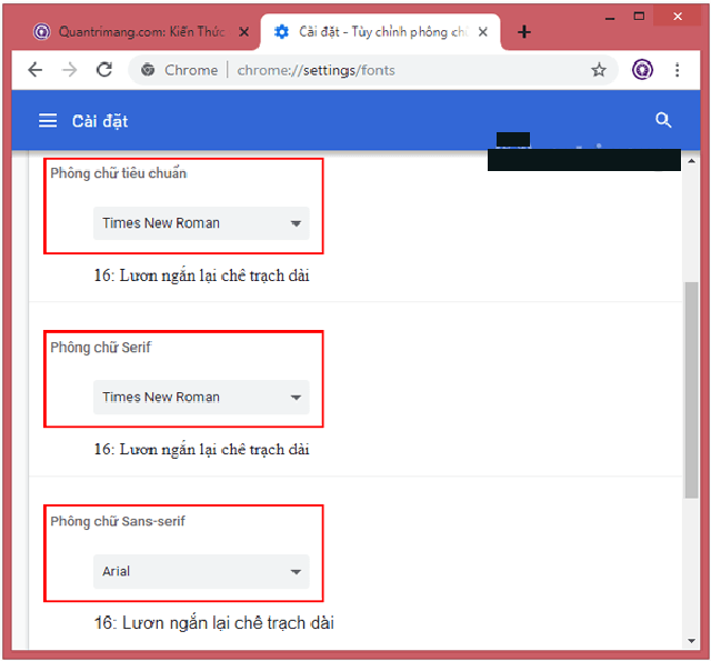 Kiểm tra các thiết lập font chữ trên trình duyệt 3