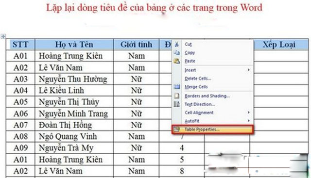 Lặp Lại Dòng Tiêu Đề Của Bảng Biểu Trong Word 2003 2