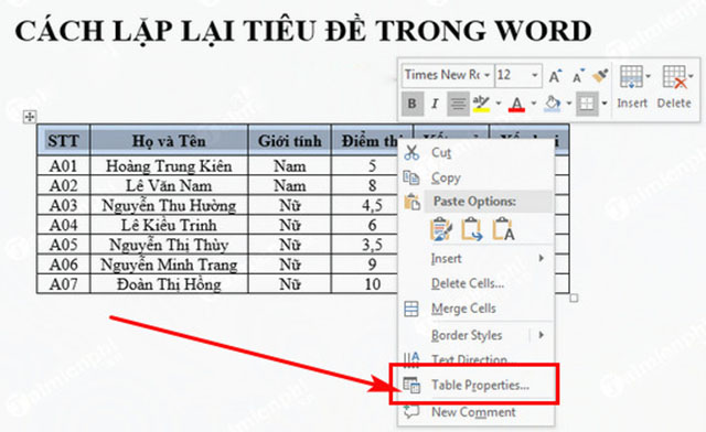 Lặp Lại Dòng Tiêu Đề Của Bảng Biểu Trong Word 2007, 2010