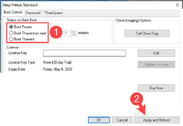 Tại thẻ Boot control, hãy cài đặt các thông số giống như tình trạng đóng băng