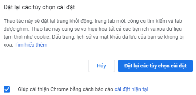 Reset trình duyệt Chrome