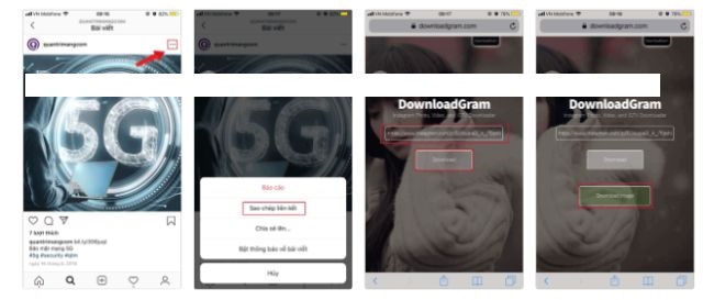 Tìm ảnh muốn tải trên Instagram => Ấn vào biểu tượng ba dấu chấm góc màn hình, chọn mục sao chép liên kết => Truy cập web DownloadGram, dán liên kết => Ấn Download => Nhấn Download Image.