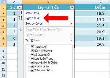 tạo bộ lọc excel để sắp xếp