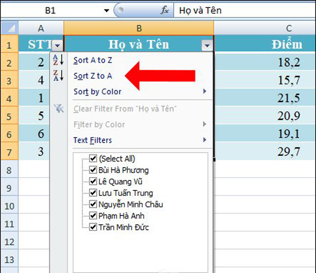 tạo bộ lọc excel để sắp xếp