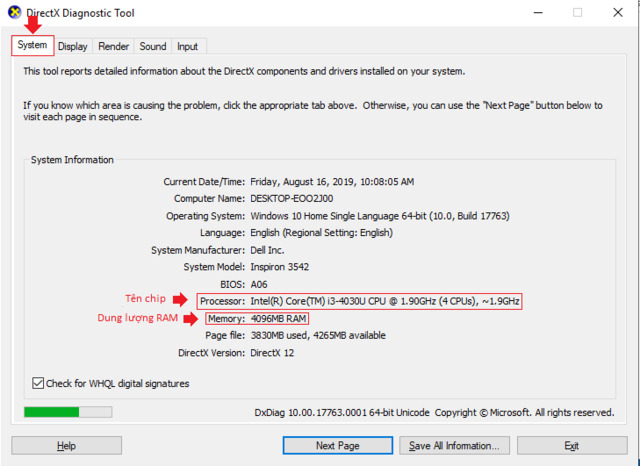 Kiểm tra cấu hình máy tính Win 10 bằng DirectX Diagnostic Tool 3
