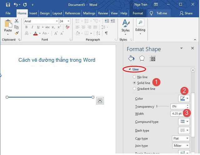 cách vẽ đường thẳng trong word 5