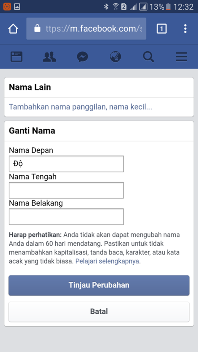 đổi tên facebook 1 chữ trên di động android 13