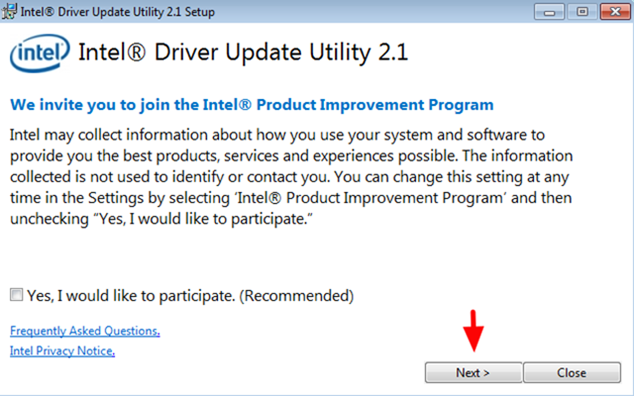 Tiến hành tải phần mềm Intel Driver Update Utility. Sau đó, chọn Next. 