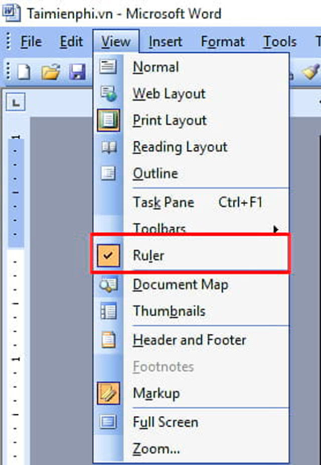 cách hiển thị Ruler trong Word 2003