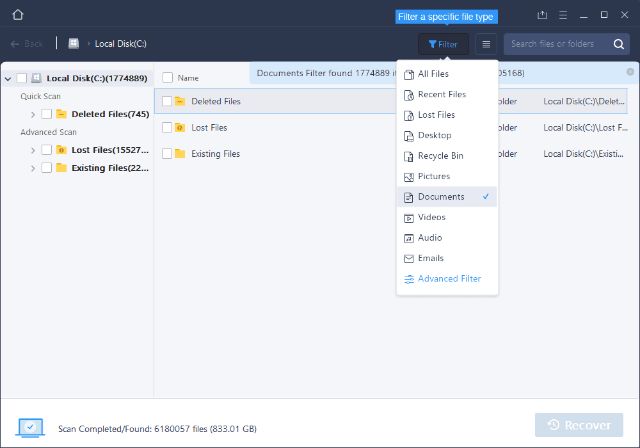 Bước 2: Quét các tệp bị mất. Sau đó, chọn Documents (trong Filter). 