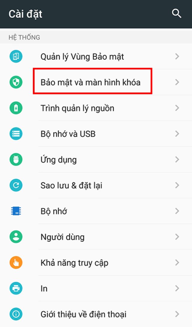 Bước 1: Click vào phần cài đặt, chọn mục bảo mật và khóa màn hình.