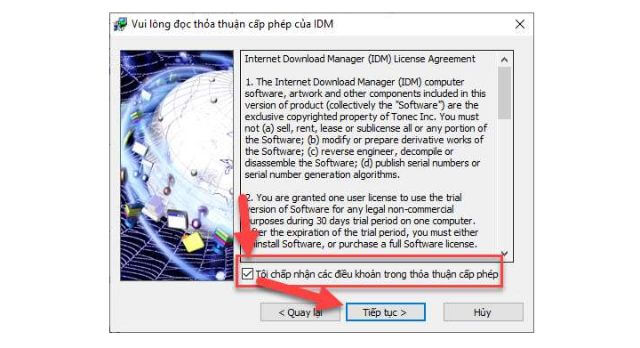 Click vào mục "Tôi chấp nhận các điều khoản trong thỏa thuận cấp phép" rồi ấn Tiếp tục. 
