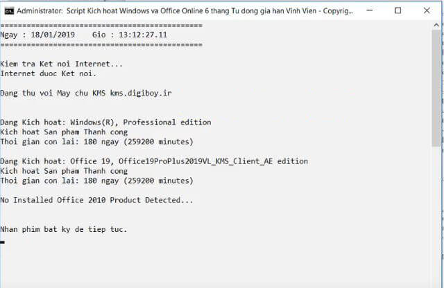 Sau đó nhấn phím bất kỳ để thoát, lúc này bạn đã có bản Office 2019 Full Crack có thể sử dụng trong vòng 6 tháng. 