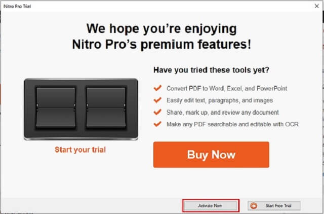 Mở phần mềm Nitro Pro 10 lên. Bấm chọn Free Trial để sử dụng bản dùng thử hoặc bấm chọn Active Now để sử dụng lâu dài. 