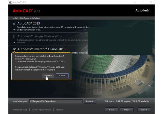 bỏ dấu tích trước tùy chọn Autodesk Inventor Fusion 2013. Rồi nhấn Install.