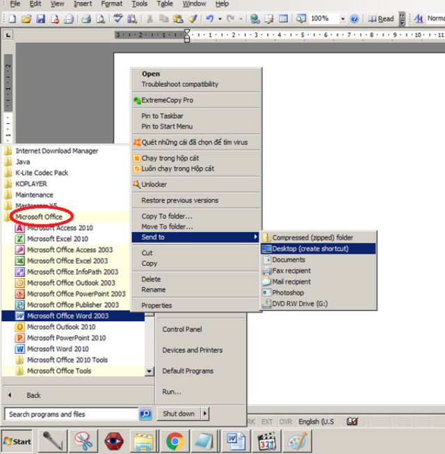 Các phần mềm Office 2003 hiện ra. Nhấp chuột phải vào biểu tượng MS Word, chọn Send to => chọn Desktop.