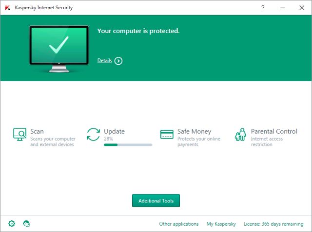 Giao diện chính của Kaspersky Internet Security 2016