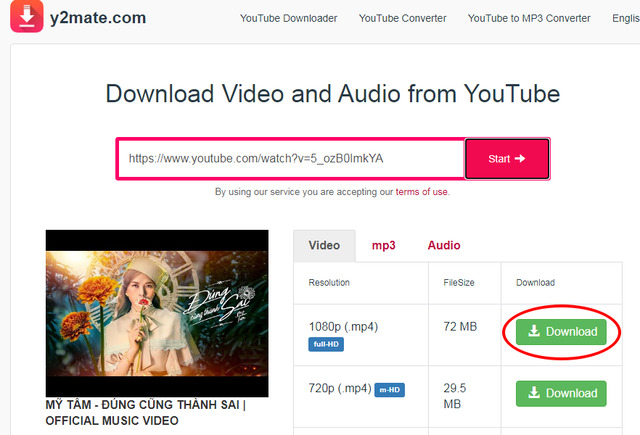 tải video Youtube bằng y2mate